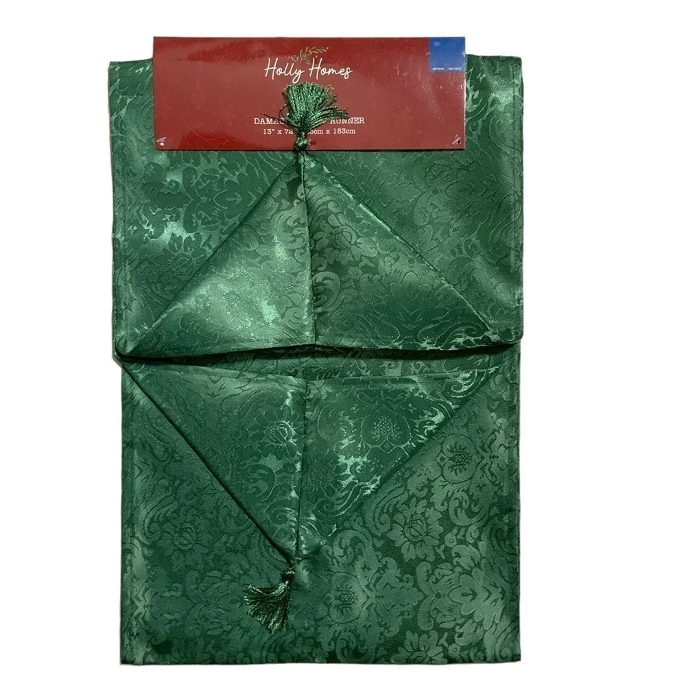 Holly Homes Table Runner Silky Holiday Christmas Green Damask 13 in x 72 in